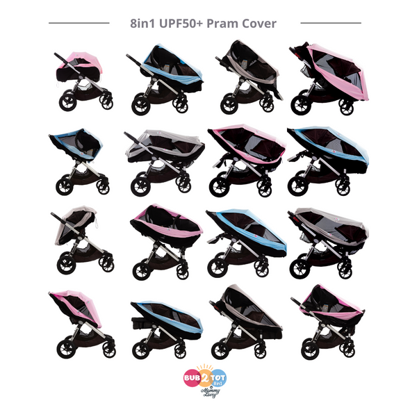 UPF 50+ multifunctional and universal pram and stroller cover, sun shade, for uv protection with directional shading to protect babies and young children from harmful uv rays. Safety tested and air permeable