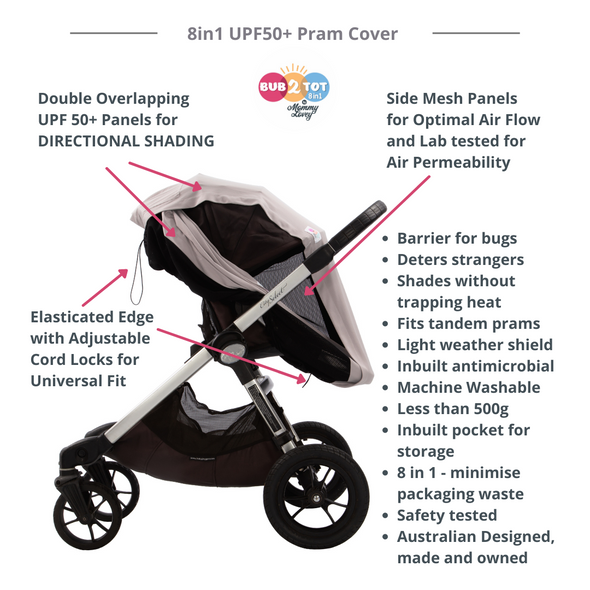 UPF 50+ multifunctional and universal pram and stroller cover, sun shade, for uv protection with directional shading to protect babies and young children from harmful uv rays.  Safety tested and air permeable 