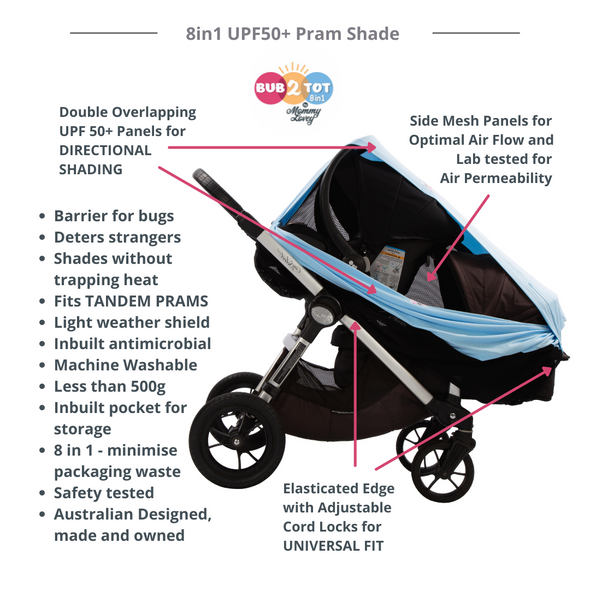 Bub2Tot 8in1 BLUE ~ Multifunctional UPF 50+ Pram Shade